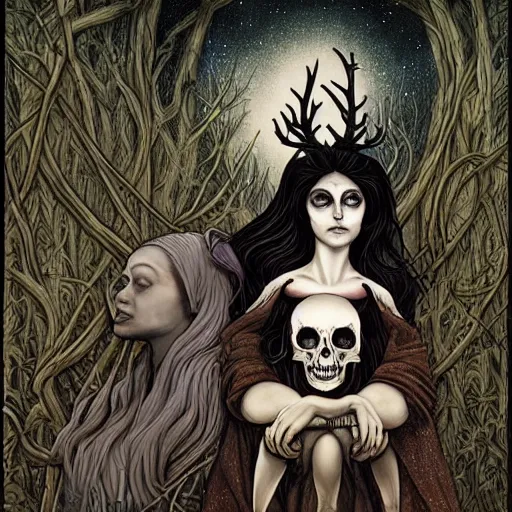 Image similar to an epic horrific wiccan gothic painting of a mother - nature witch cult woman wearing a deer skull, in a moonlit forest by gerald brom by junji ito by vanessa lemen by charlie bowater