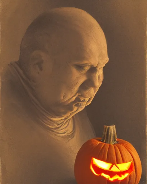 Image similar to a jack - o - lantern being carved by martin luther using a nail and mallet, in the styles of ferdinand pauwels, greg rutkowski, and judy boyle intricate, hyperrealistic, accurate facial details, volumetric lighting