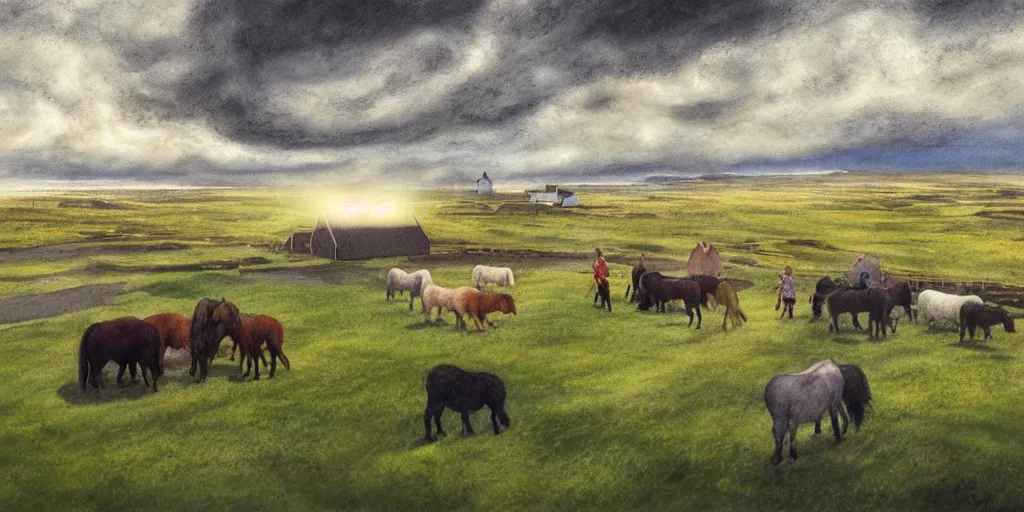 Image similar to a beautiful painting of a icelandic farm, icelandic horses galloping, storm clouds gathering over the town, by studio ghibli 8 k pastel colours, isometric, three point perspective, drone shot, smeared watercolours, golden light, film grain