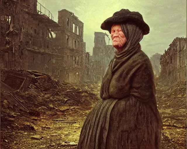 Image similar to close up portrait of an old woman with sinister face and dirty clothes standing outside of an abandoned city ruins, burning city ruins in the background, bokeh, depth of field, dramatic lighting, cinematic, vivid colors, matte painting, digital painting style, John Atkinson Grimshaw color scheme