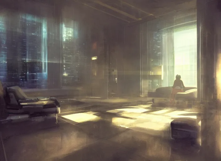Image similar to a futuristic apartment interior, by Craig Mullins, octane rendering, moody lighting, in the style of blade runner