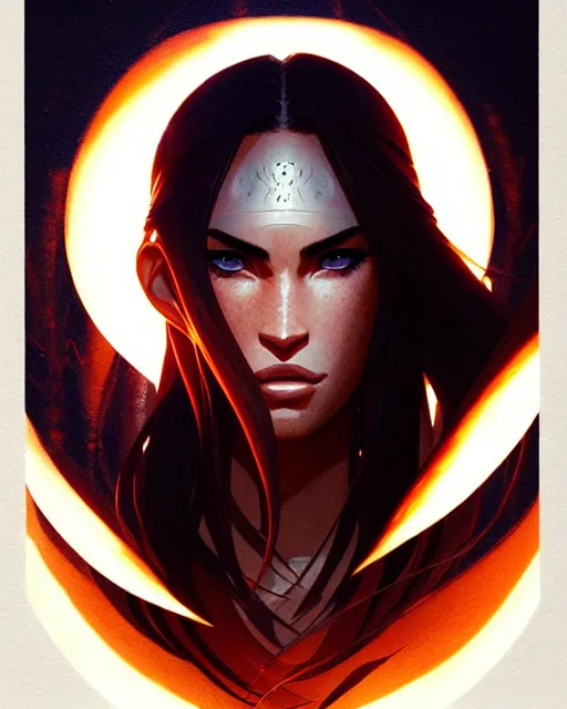 Image similar to azctec warrior, megan fox, detailed perfect face, exquisite details, fire magic, night, mid view, design on a white background, by studio muti, greg rutkowski makoto shinkai takashi takeuchi studio ghibli