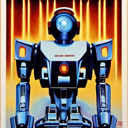 Image similar to mecha robot, symmetrical, movie poster art by drew struzan,