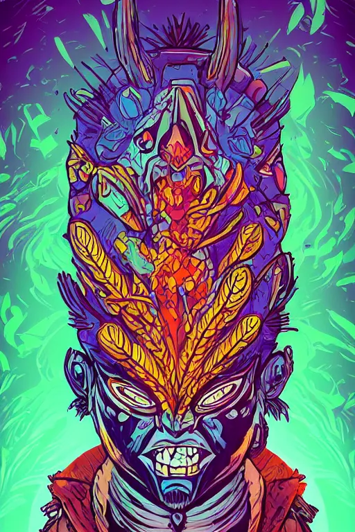 Image similar to totem animal tribal chaman vodoo mask feather gemstone plant wood rock video game illustration vivid color borderlands by josan gonzales and dan mumford radiating a glowing aura