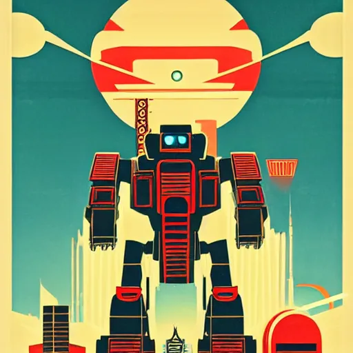 Prompt: an art deco painting of giant robots stomping on cities, and shooting laser beams from their eyes, city on fire, by tom whalen, behance contest winner, retrofuturism, poster art, reimagined by industrial light & magic