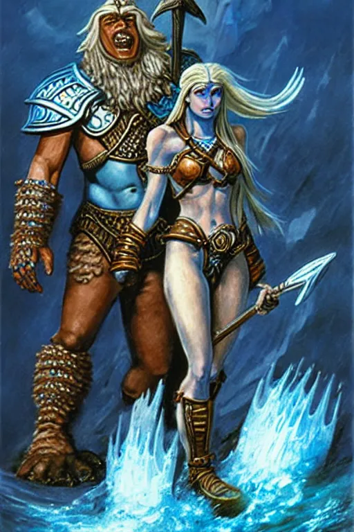 Image similar to a small blue-skinned triton girl wearing scale armor riding on a the shoulders of a large male goliath wearing fur and leather armor, dnd concept art, painting by Jeff Easley