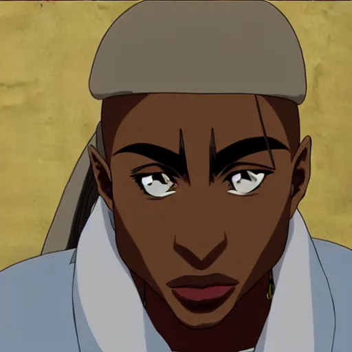 Image similar to Tupac Shakur, screenshot from a 2012s anime