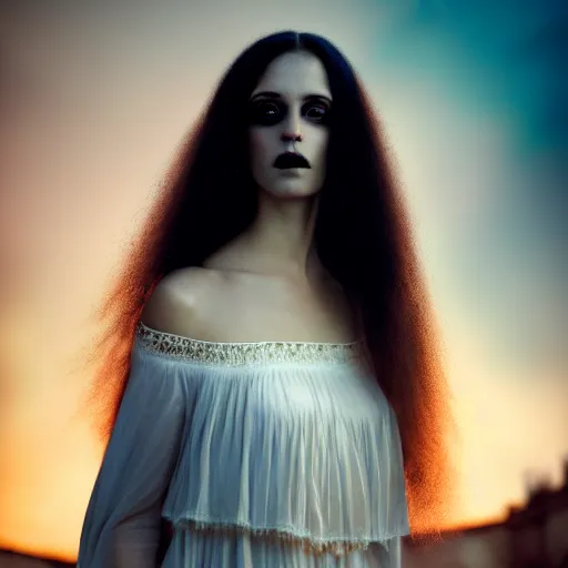 Image similar to photographic portrait of a stunningly beautiful gothic female in soft dreamy light at sunset, contemporary fashion shoot, by edward robert hughes, annie leibovitz and steve mccurry, david lazar, jimmy nelsson, breathtaking, 8 k resolution, extremely detailed, beautiful, establishing shot, artistic, hyperrealistic, beautiful face, octane render