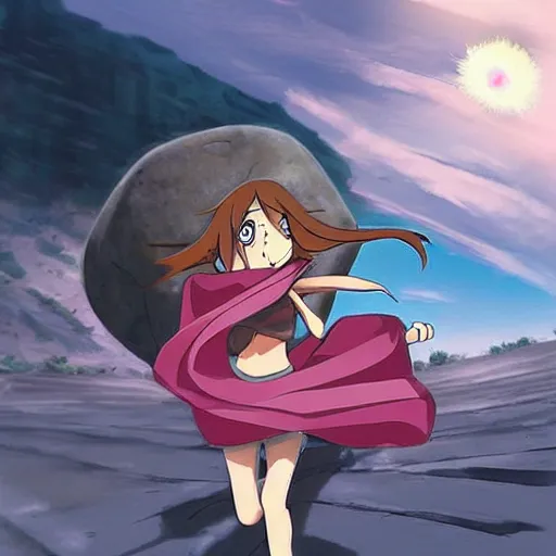 Image similar to “Indians jones as an anime girl running away from a rolling giant stone boulder trap, anime art”