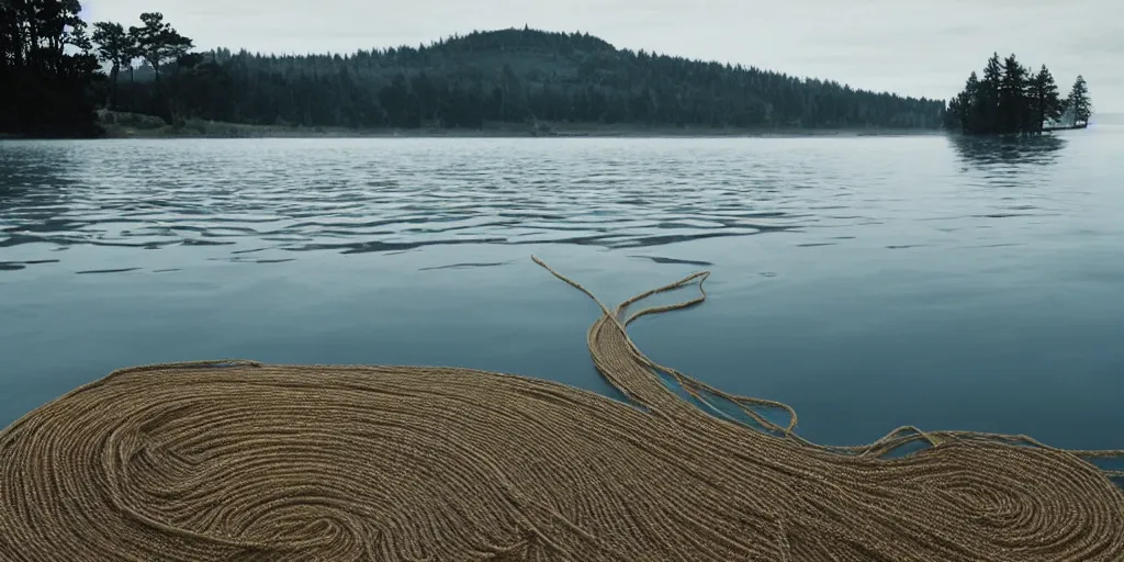 Prompt: centered photograph of a infinitely long rope zig zagging snaking across the surface of the water into the distance, floating submerged rope stretching out towards the center of the lake, a dark lake on a cloudy day, color film, trees in the background, pebble beach foreground, hyper - detailed photo, anamorphic lens