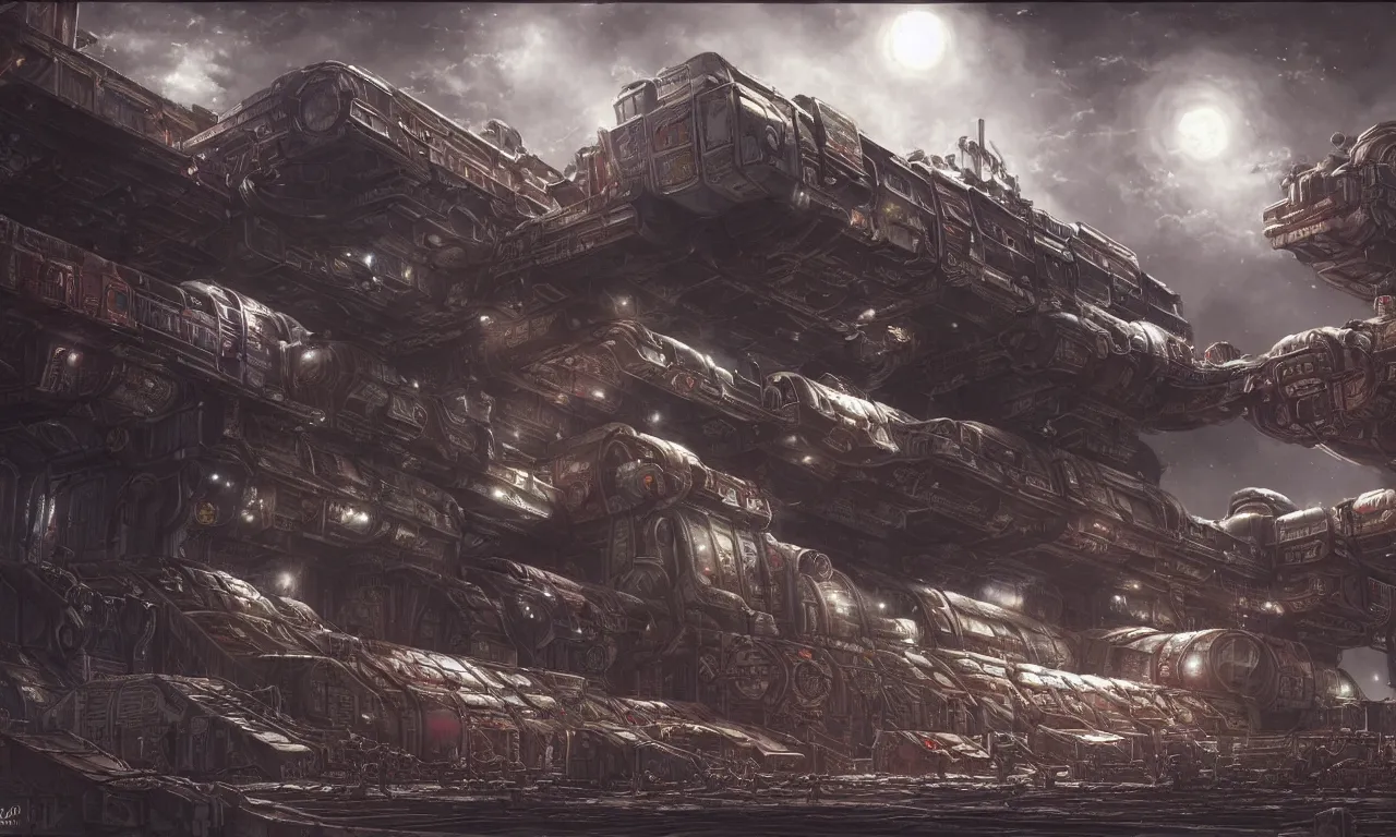 Prompt: a beautiful highly detailed matte painting of a huge derelict cargo starship base, Space Hulk, WarHammer 40k by Jose Daniel Cabrera Pena and Leonid Kozienko, concept art