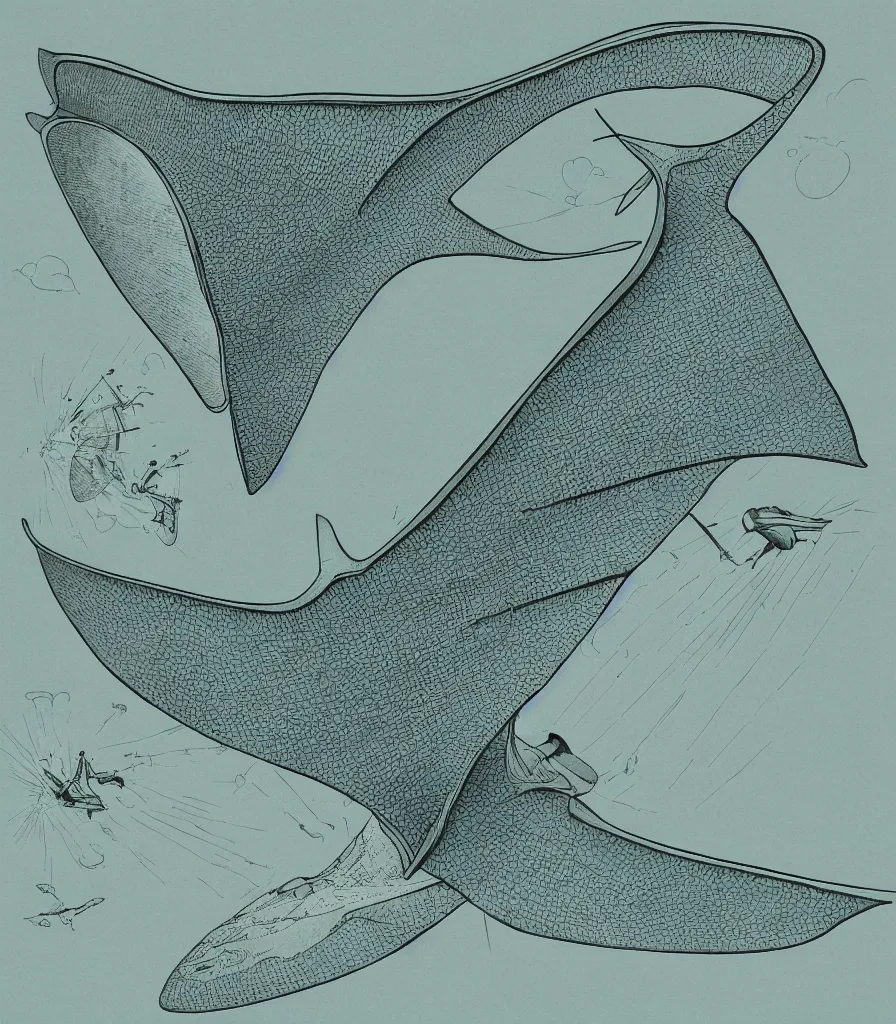 Prompt: brilliant alien manta ray in the sky color scientific illustration by Ernst Haekel, Hayao Miyazaki, color illustration with orthographic views