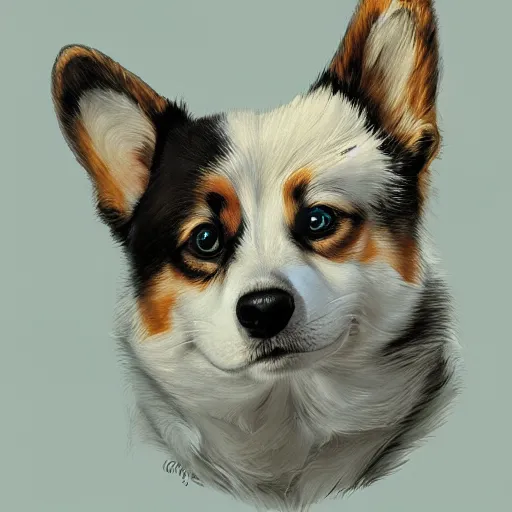 Image similar to a photograpic portrait of a corgi, fantasy, intricate, elegant, highly detailed, digital painting, artstation, concept art, smooth, sharp focus, illustration, art by artgerm and H R Giger and alphonse mucha