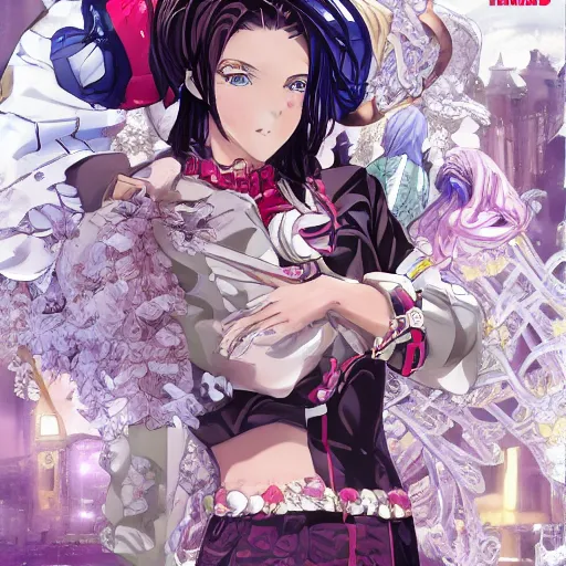 Image similar to Magazine Cover Anime key visual of a Gucci girl; official media; typography; drawn by Hirohiko Araki; Jojo's Bizarre Adventure; Jojolion, portrait, made by Stanley Artgerm Lau, WLOP, Rossdraws, James Jean, Andrei Riabovitchev, Marc Simonetti, Yoshitaka Amano, ArtStation