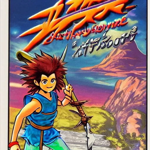 Image similar to 11-year-old boy with crazy hair holding scimitar, boy going on adventure, Nintendo Famicom boxart, 1987 video game boxart