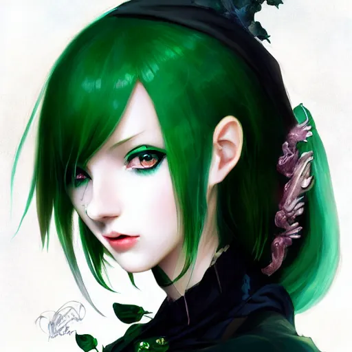 Image similar to facial portrait of a young pretty anime woman, green hair, dark eyes, gothic eyeliner, headshot, Charlie Bowater, Anna Dittmann, WLOP, Rumiko Takahashi, Akihiko Yoshida, Hyung-tae Kim, alexander mcqueen, trending on Artstation