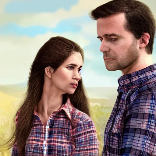 Image similar to On the right there is a brown-haired man wearing a blue plaid shirt holding the hand of a brown-haired woman wearing a light blue blouse and jeans and looking at him angrily, The man is looking behind him and whistling appreciatively at a blurred woman wearing a red sleeveless dress in the foreground, intricate, elegant, highly detailed, digital painting, artstation, concept art, smooth, sharp focus, illustration, art by artgerm and greg rutkowski and alphonse mucha and andrei riabovitchev