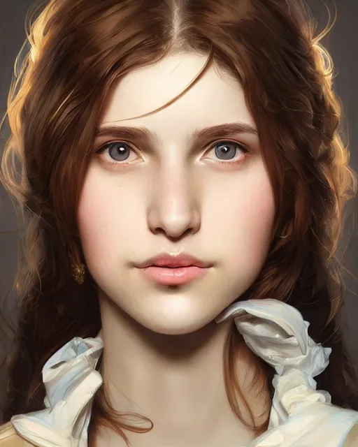 Image similar to symmetry!! portrait of smiling 1 5 - year - old girl with voluminous bushy brown hair, large front teeth, and bright piercing brown eyes, highly detailed, digital painting, artstation, concept art, smooth, sharp focus, illustration, art by artgerm and greg rutkowski and alphonse mucha