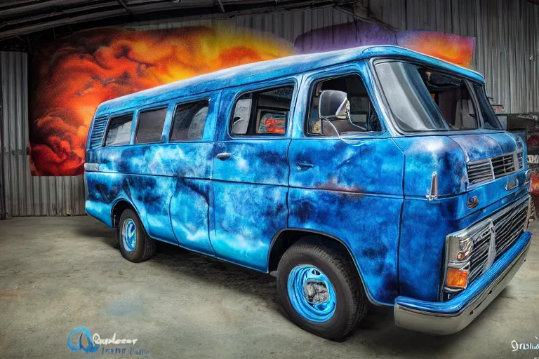 Image similar to a super wide shot photo of a dark blue metallic 1 9 7 2 chevy g 1 0 panel van parked in a garage with an awesome airbrushed scene of a monster made of colorful coral reef emerging from the sea, 8 0 s synthwave, airbrushed, trapper keeper, lightning, explosions, creature design, monster, dinosaur, sony 1 4 mm f 8. 0