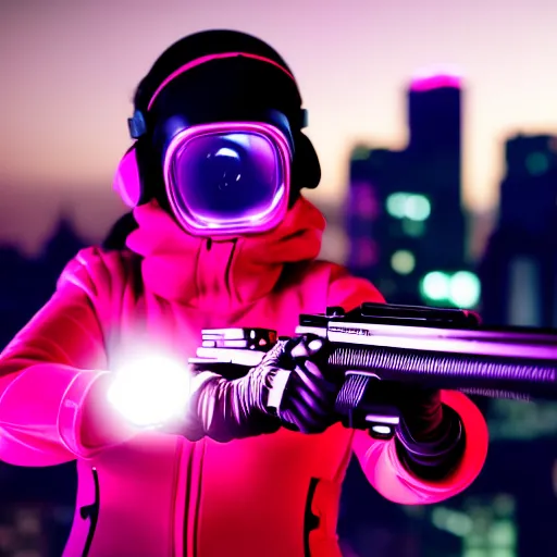 Image similar to photographic portrait of a 2d techwear woman holding a gun, closeup, on the rooftop of a futuristic city at night, sigma 85mm f/1.4, 4k, depth of field, high resolution, 4k, 8k, hd, full color