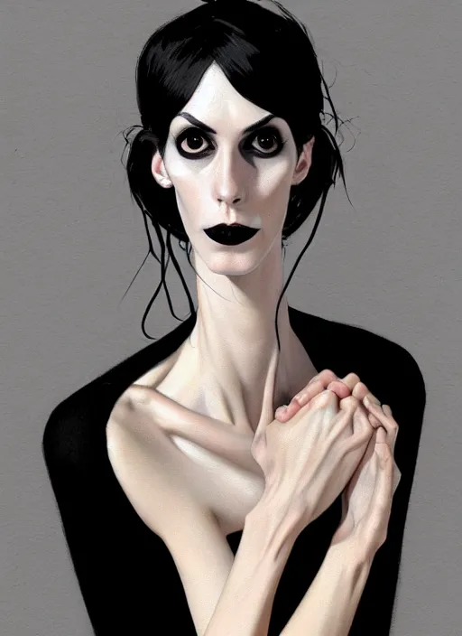 Image similar to portrait of a lanky woman with a crooked nose and a confident expression, 1 9 6 0 s, black clothes, goth, punk, funk, intricate, elegant, highly detailed, digital painting, artstation, concept art, smooth, sharp focus, illustration, art by wlop, mars ravelo and greg rutkowski