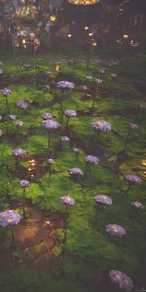 Prompt: alien tech flowers on steampunk land by pixar, smooth, cinematic, wet reflections, ray tracing x, rtx, smooth