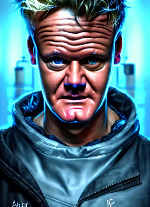 Prompt: cyberpunk gordon ramsey as the most talented chef in the universe, scifi kitchen background, diffuse lighting, fantasy, intricate, highly detailed, lifelike, photorealistic, digital painting, artstation, illustration, concept art, smooth, sharp focus, art by john collier and albert aublet and krenz cushart