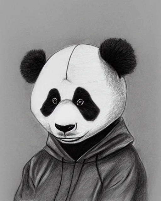 Image similar to a pencil drawing of an anthropomorphic panda wearing a hoodie on his head. head shot, by Pen Tacular