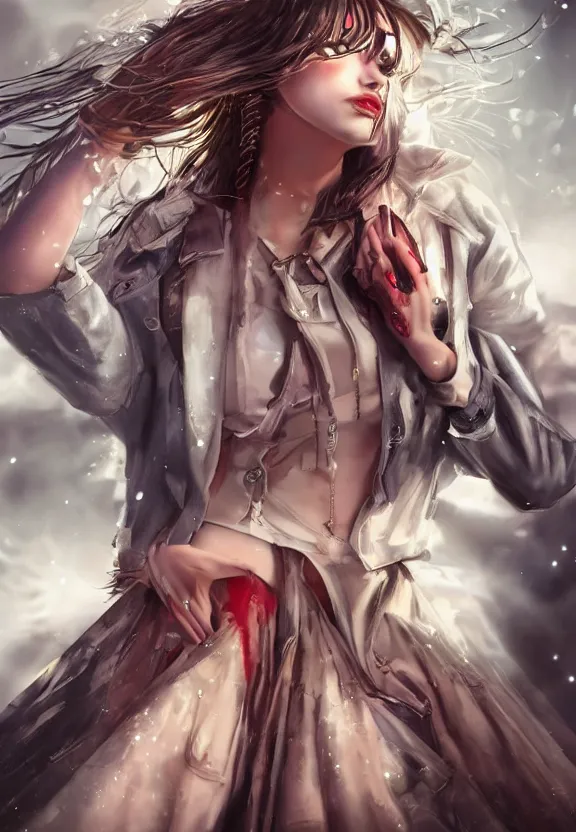 Image similar to full body illustration of girl with eyes that burn like cigarettes wearing a short skirt and a long jacket with fingernails that shine like justice, dramatic lighting, photorealistic, full body portrait, detailed anatomy, extreme detail, 4 k, colorful, artgerm and ben lo, octane render, detailed face, f / 2. 8