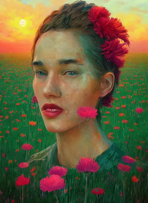 Image similar to portrait of a woman, face made of giant carnation, flower field, surreal photography, sunset dramatic light, impressionist painting, colorful clouds, large sky, digital painting, artstation, simon stalenhag