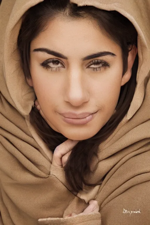 Prompt: short brown hair Arab Spanish shy young woman in a beige hoodie, Diwani calligrapher using bamboo pen, cinematic lighting, hyper-detailed realistic, rule of thirds, photograph