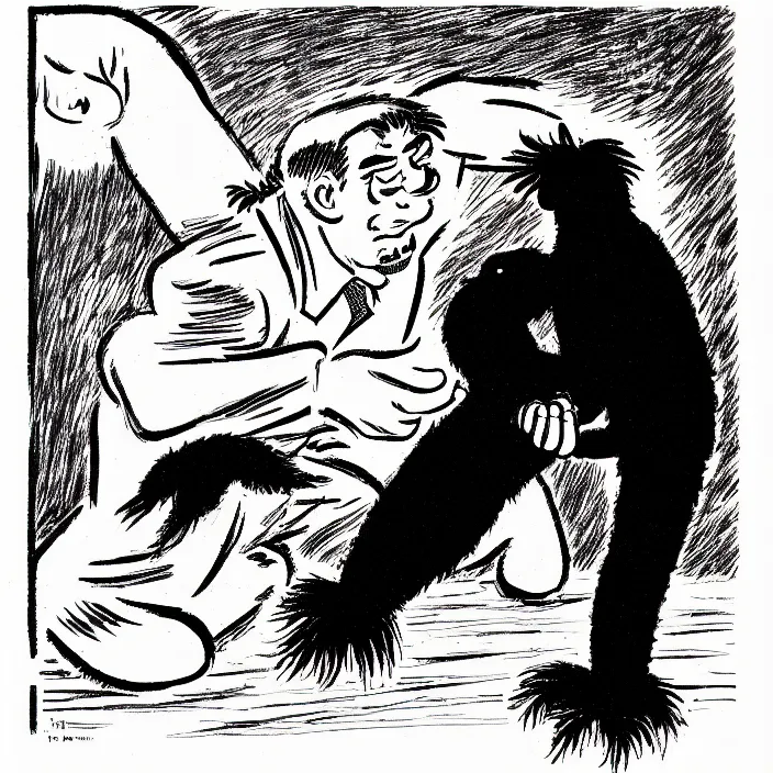 Image similar to a still frame from comic strip, person fighting with a black hairy furry bird 1 9 5 0, herluf bidstrup, new yorker illustration, monochrome contrast bw, lineart, manga, tadanori yokoo, simplified,