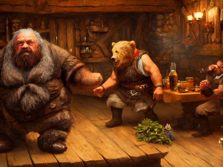 Prompt: Drunk Dwarf fights Bear Companion at a Tavern, RPG Portrait Full Body, Oil Painting, Trending on Artstation, octane render, Insanely Detailed, 8k, HD