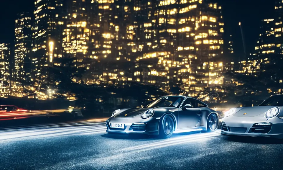 Image similar to photo of a porsche 911 at night drifting through a city, cinematic, 4k, long exposure photography, tokyo drift, fast and furious, film still, night photography, motion blur, lens flare, movie shot, light trail, distortion, wide angle, reflections