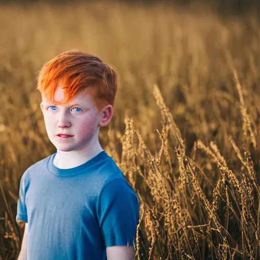 Prompt: portrait of a boy with bright ginger hair, eyelashes and eyebrows. Pale blue eyes. Fair skin. Golden Hour. Standing in a field. Photography, Hasselblad, 8K, 35mm, f/1.4