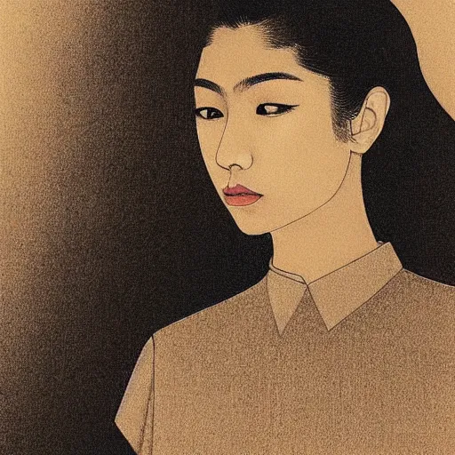 Image similar to “ zendaya portrait by ikenaga yasunari, drawing, realistic, sharp focus, japanese, dreamy, nostalgia, faded, golden hues, floral clothes, ”