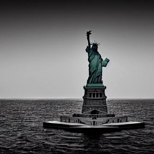 Prompt: underwater statue of liberty, aged underwater, waves above, photography, finely detailed