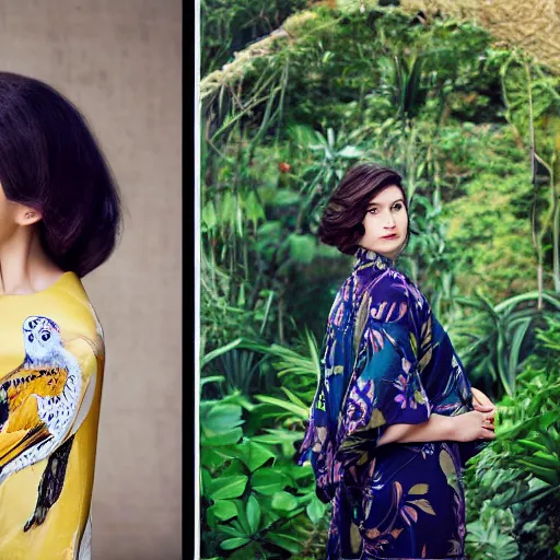 Image similar to head to shoulder portrait photograph of an elegant top model wearing a yellow kimono with a very detailed barn owl on her shoulder!!! in a tropical greenhouse. looking at the camera!!. super resolution. Graflex. bokeh. by Alessio albi and john william waterhouse and John Singer Sargent