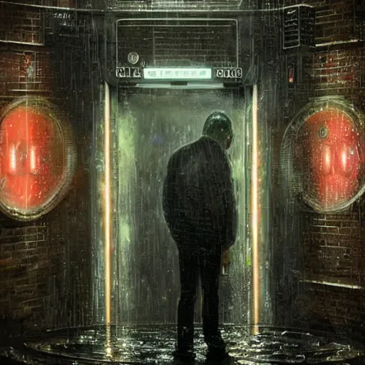 Prompt: a drenched man in a rainy alleyway placing a coin in a vending machine opens an alien portal into another dimension, vivid caustics into another universe, realistic photography, beautiful interior, hyperrealism, incredible, award - winning photography, by greg rutkowski, lovecraftian