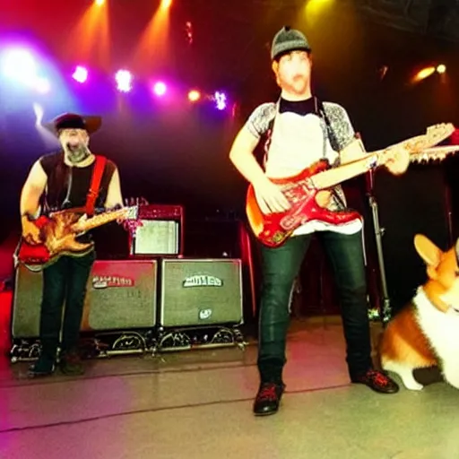 Image similar to corgi on concert of Russian rock group with tons of beer