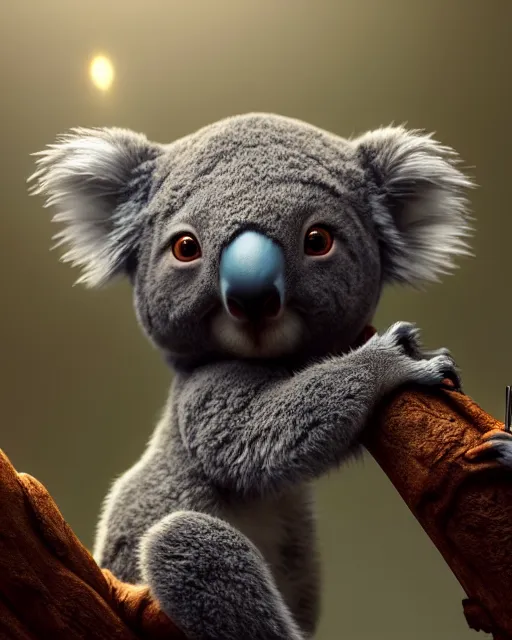 Image similar to movie still macro close photo of koala, by weta disney pixar greg rutkowski wlop ilya kuvshinov rossdraws artgerm octane render iridescent, bright morning, liosh, mucha