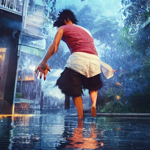 Image similar to ultra realistic studio shot of luffy, cinematic, wet reflections, liflike, unreal engine 5, octane, smooth, rtx, ray tracing, hyper detailed, hyper realism, fantasy, trending on artstation, behance, deviantart