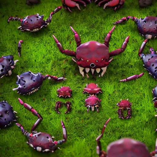 Image similar to voidless of the festival!, The Graveyard, large group of crabs and worms, crawling along a bed of moss, low poly, creeper world, handcrafted, artstation, hyperrealistic, hard light, best practices, creeptastic, photorealism, macro perspective, cuddly