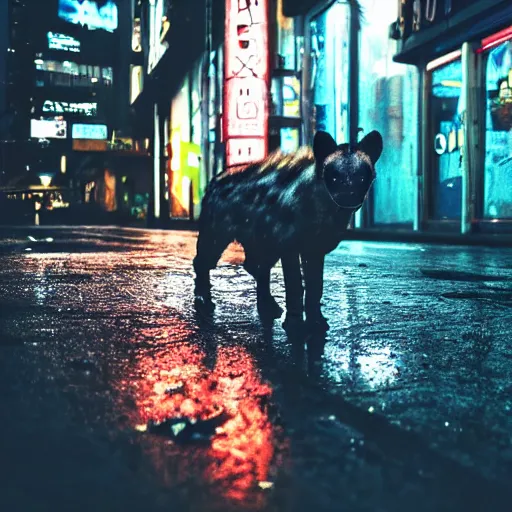 Prompt: a high quality low wide angle photo of a hyena on the streets of a cyberpunk city, rainy, reflective ground, neon lights, realism, 8k