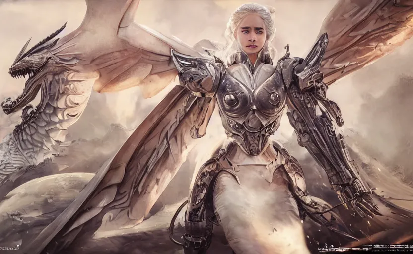 Image similar to mechanized valkyrie of daenerys targaryen from game of thrones, anime style, konami mecha, spread wings, hair down, symmetrical facial features, from arknights, hyper realistic, 4 k, rule of thirds, extreme detail, detailed drawing, trending artstation, hd, d & d, realistic lighting, by alphonse mucha, greg rutkowski