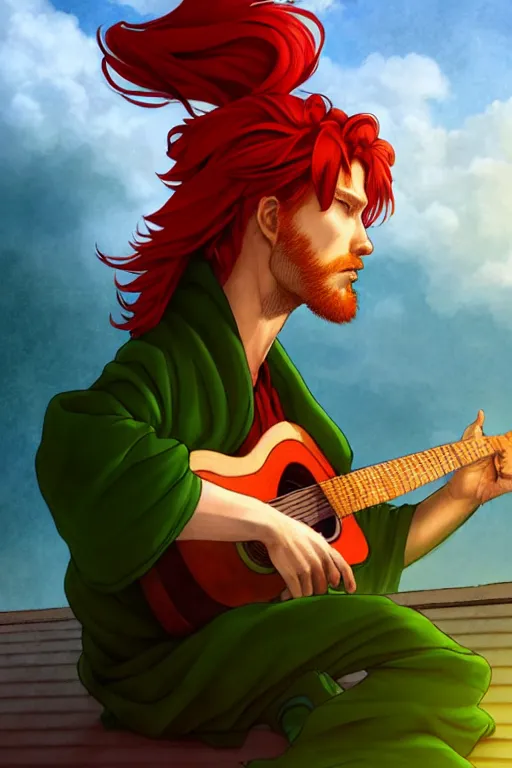 Image similar to dreamy red haired man character with a guitar in his hand, sitting on a roof top in a nice green cloak, very artistic pose, background in blurred, perfect lighting. professional design. great composition, illustration, highly detailed, digital painting, concept art, trending on artstation, by katsuya terada