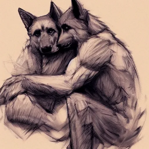 Image similar to two humanoid german shepherds beast - men, sitting on a couch and hugging together, artstation, concept art, smooth, sharp foccus ilustration, artstation