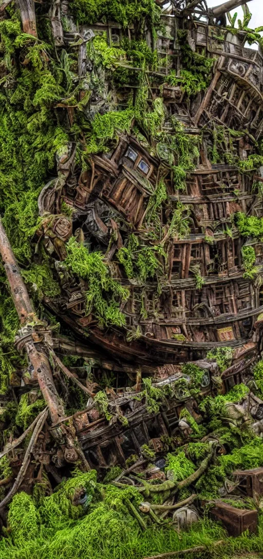 Image similar to a wrecked pirate ship in the middle of the city, overgrown, very detailed, intricate, mossy, pirates of the Caribbean, dramatic lighting