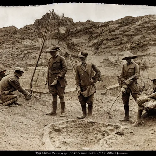 Image similar to ultra detailed photorealistic sepia - toned photograph from 1 9 1 7, a british officer in field gear standing at an archaeological dig site at petra, ultra realistic, painted, intricate details, lovecraft, atmospheric, dark, horror, brooding, highly detailed, by angus mcbride