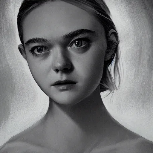 Prompt: professional painting of Elle Fanning in the style of Gregory Crewdson, head and shoulders portrait, symmetrical facial features, smooth, sharp focus, illustration, intricate, stormy weather, extremely detailed masterpiece,